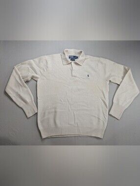 Vintage Polo Ralph Lauren 100% Lambswool  Collared Button Polo Sz M Cream Ivory
